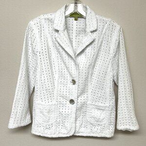 Sigrid Olsen 3/4 sleeve Cotton blazer Jacket Eyelets Pearl Buttons V-Neck Size 6
